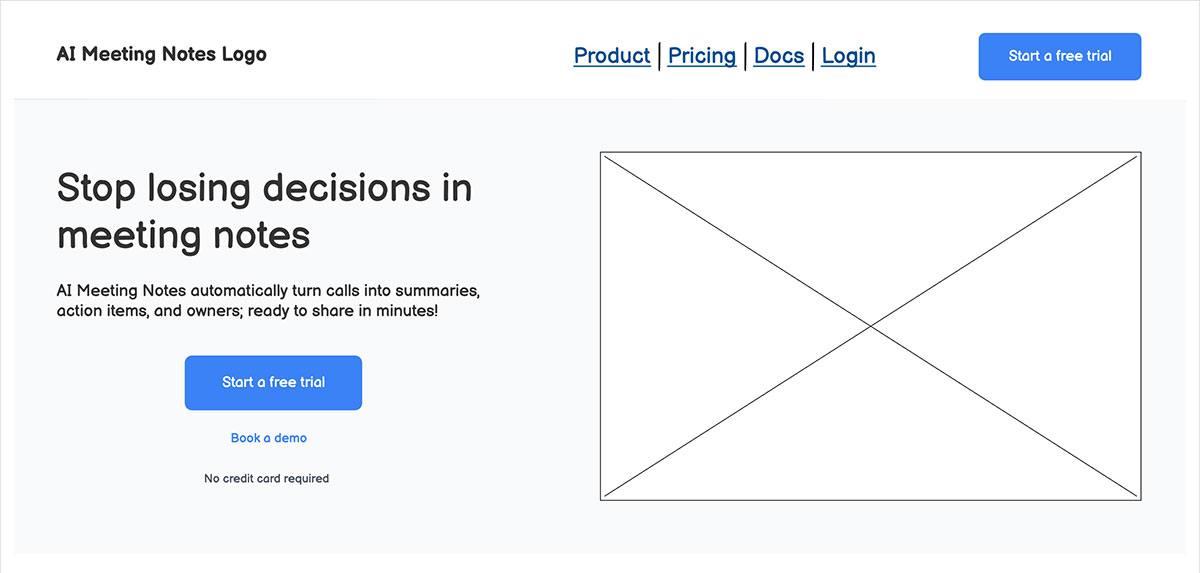 Wireframe example of the above the fold section of a landing page