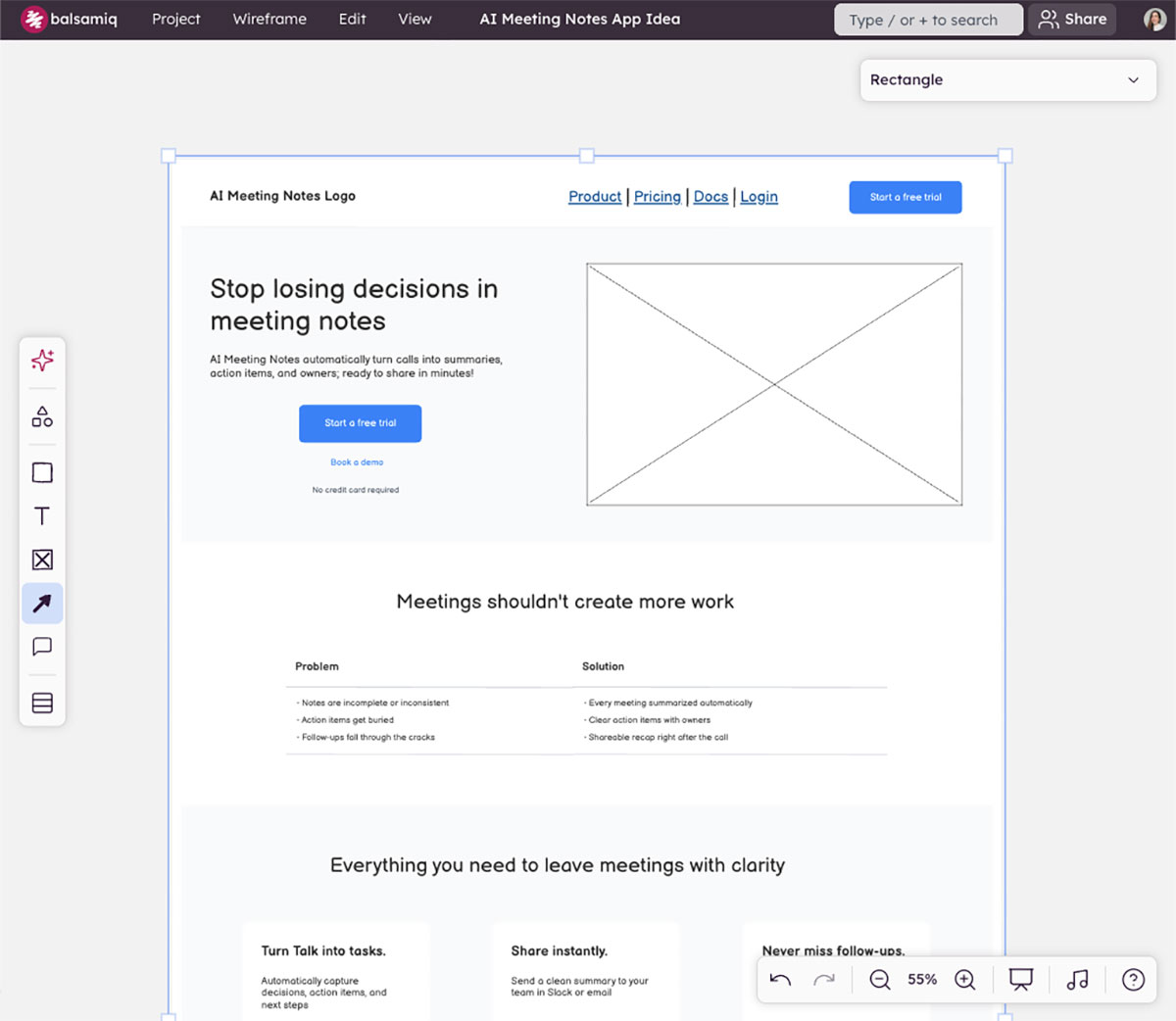 Selecting a canvas frame size in Balsamiq to start wireframing a landing page