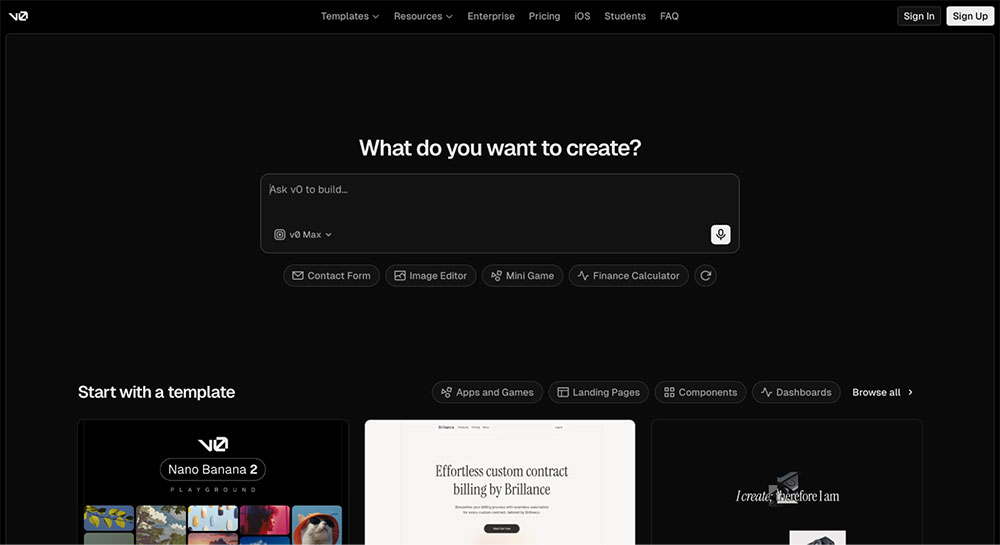 v0 by Vercel home page
