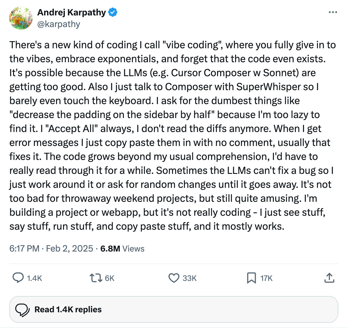 Original X Post about Vibe Coding from Andrej Karpathy