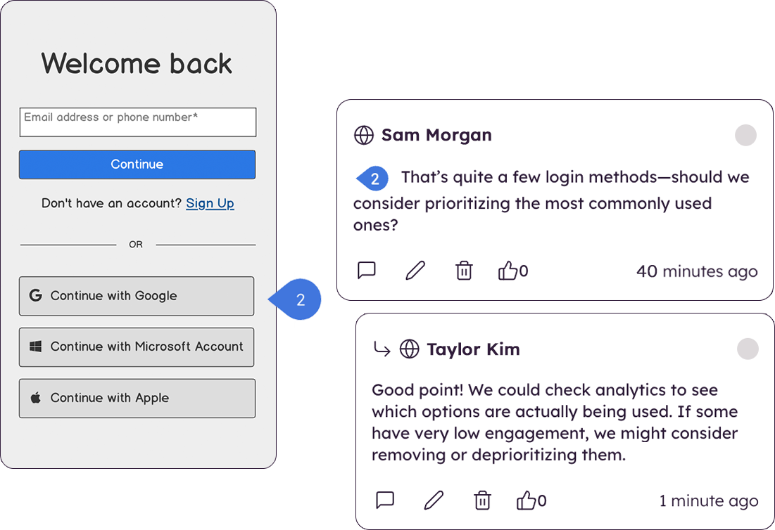 Login screen mockup with design comments discussing prioritizing login methods.