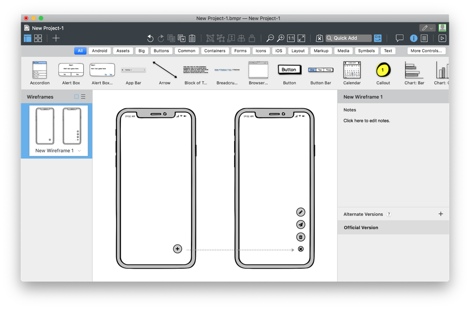 Connecting two screens using an arrow Screenshot of a Balsamiq wireframe with two mobile screens connected by an arrow to show interaction.