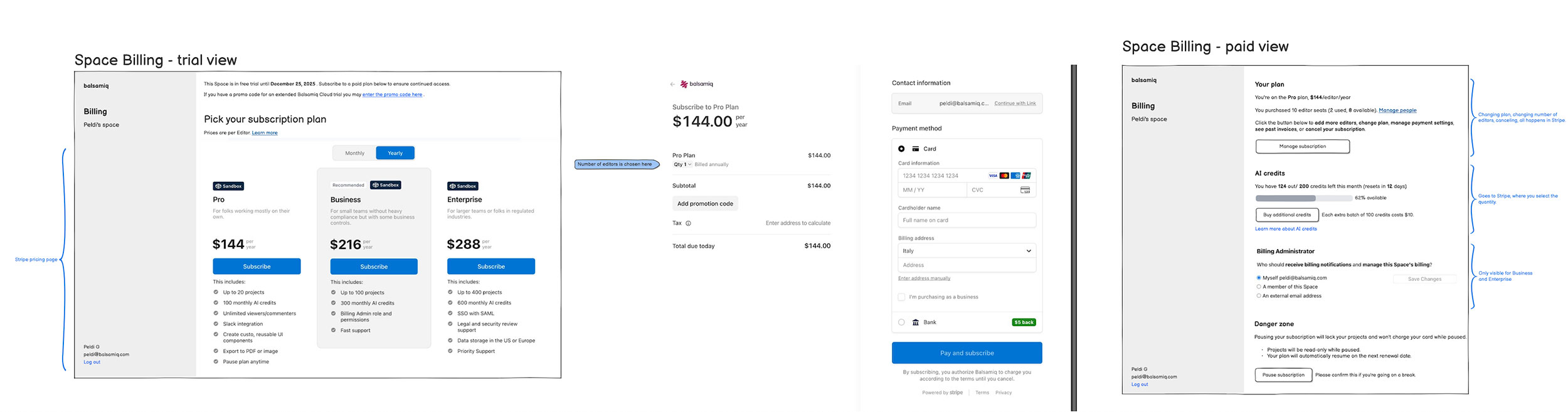 Billing page wireframes