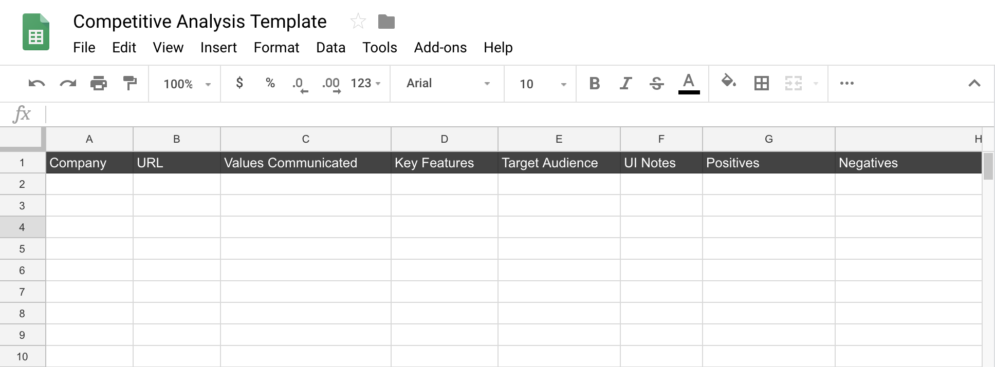 Using a spreadsheet is a great way to track what each competitor has to offer. Screenshot of a competitive analysis template spreadsheet. Some elements in the columns are key features, target audience, UI notes.