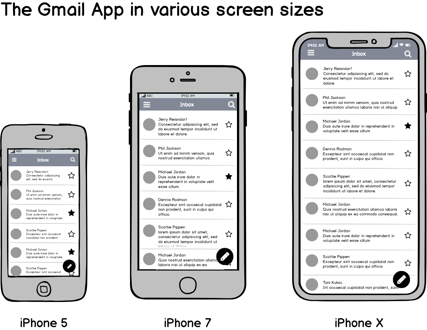 The Gmail app in various screen sizes Wireframes of the Gmail mobile app in various screen sizes: iPhone 5, iPhone 7, iPhone X.