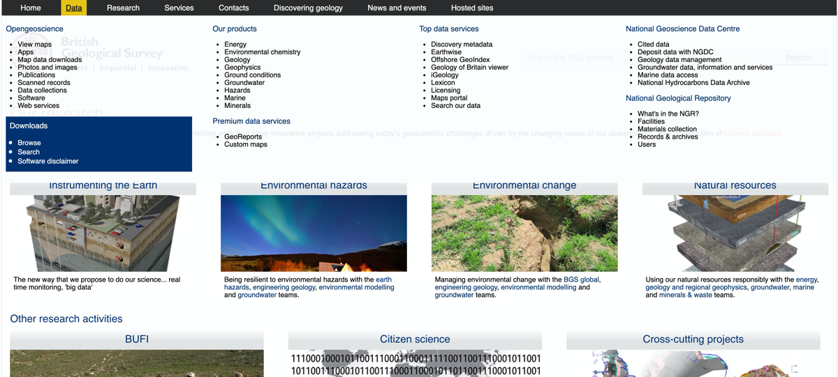 A screenshot of a website with a big menu, some pieces of content previews, but no clear elements to focus on.