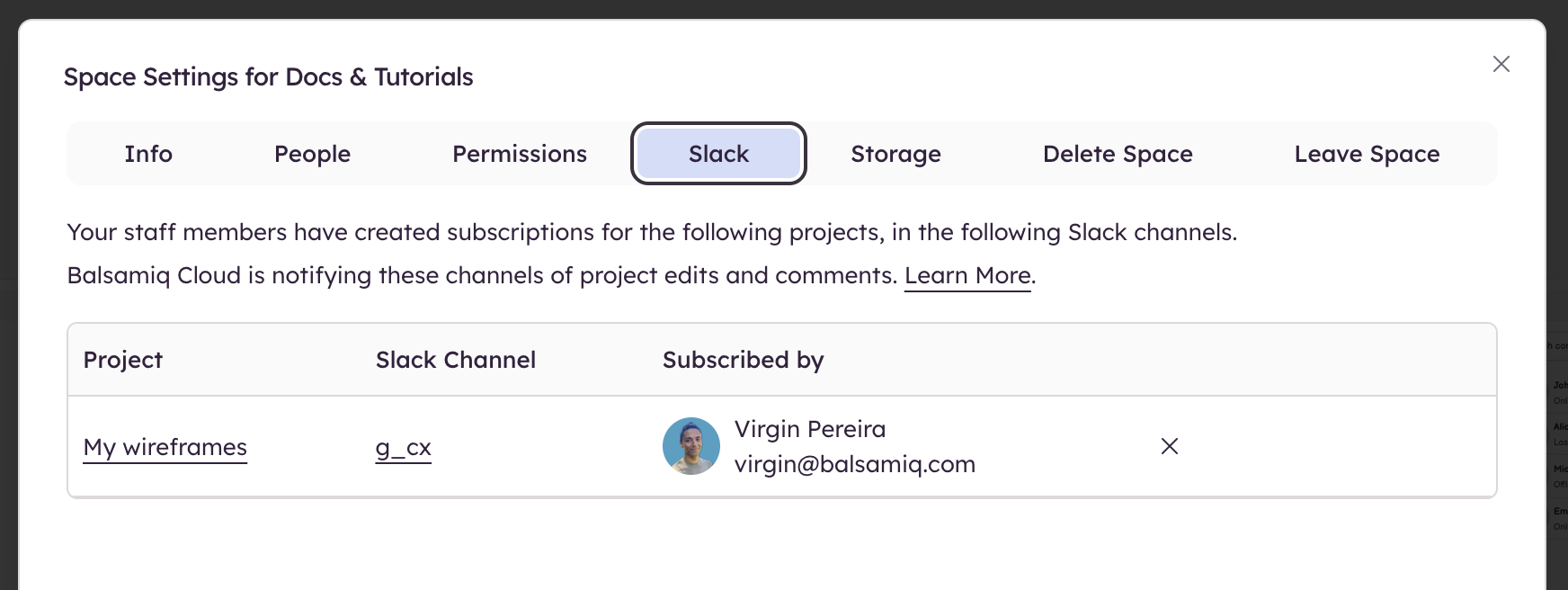 View and manage Slack channel subscriptions linked to Space projects.
