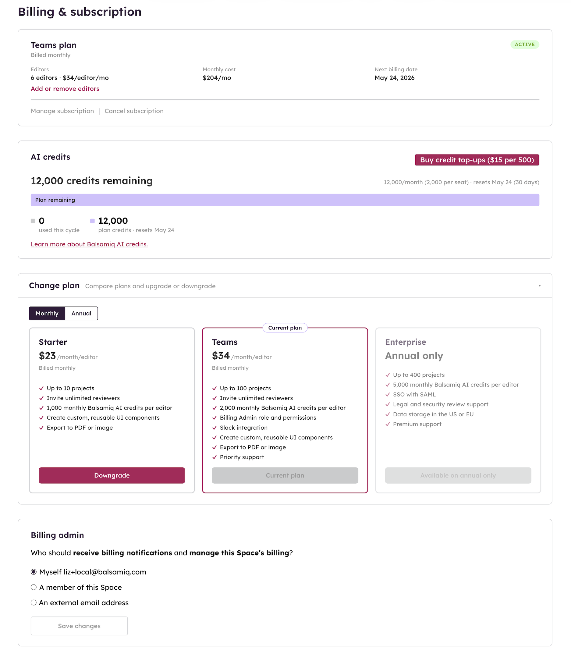 Balsamiq Cloud subscription plans comparison