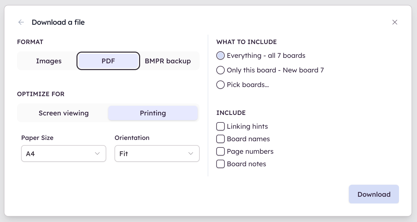 Select boards and export options to generate a clickable PDF for sharing or printing.