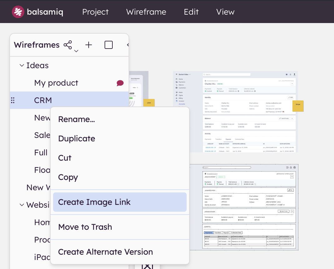 Use export options like PNG, PDF, or image links to share wireframes outside Balsamiq Cloud.