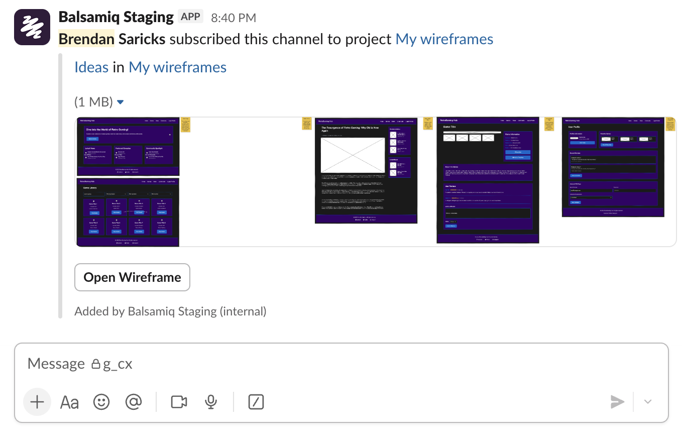 Slack message from Balsamiq bot showing a board update with a preview and links to view the project